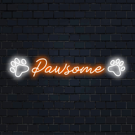 Placa de LED neon personalizada intitulada Pawsome, criada para amantes de animais de estimação; apresenta cores neon vibrantes e design de patas.