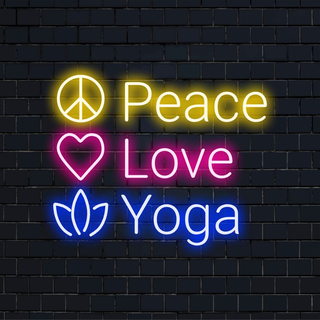 Letreiro de LED neon vibrante e personalizado com os dizeres "Paz, Amor, Ioga" e brilho radiante; perfeito para seu espaço zen.