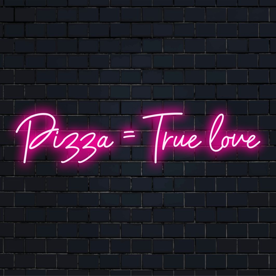 Placa de neon LED personalizada com texto "Pizza = Amor Verdadeiro", perfeita como citação neon personalizada ou arte de parede neon peculiar.