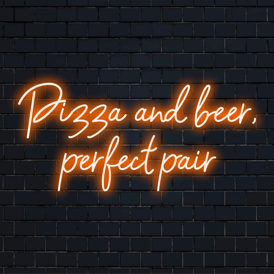 Representação alegre de pizza e cerveja em neon, combinação perfeita iluminada como arte de parede em neon, ideal para espaços de decoração animados.