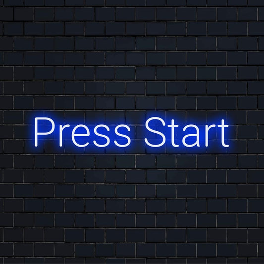Letreiro de LED neon vibrante feito sob medida com a frase Press Start; perfeito para adicionar um toque de jogo retrô a qualquer espaço.