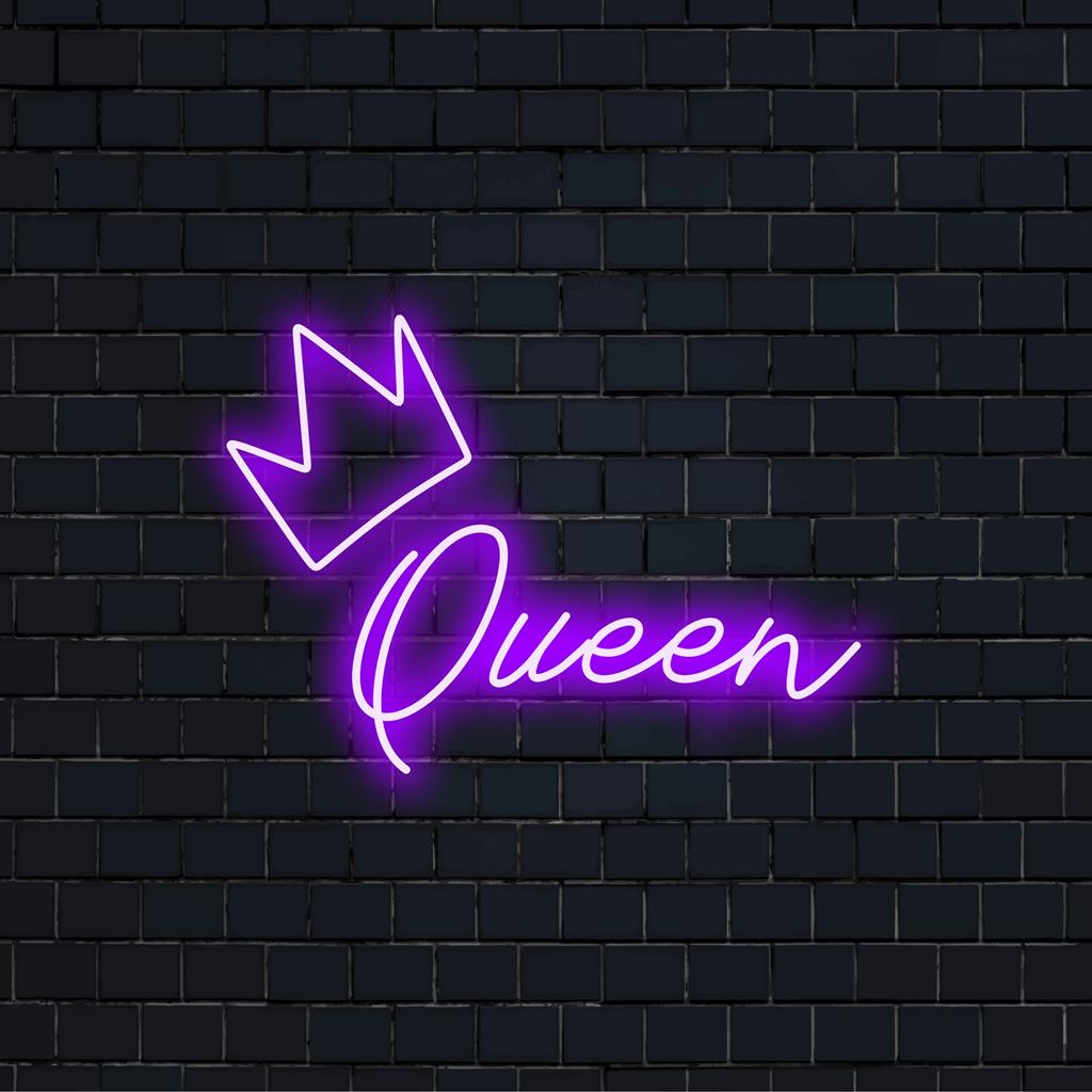 Placa de neon LED com design "Queen"; decoração com luz neon vibrante, perfeita para interiores modernos e que faz uma declaração ousada.
