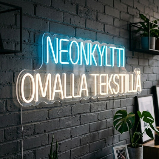 LED-valokyltti tekstillä "Oma valokyltti"