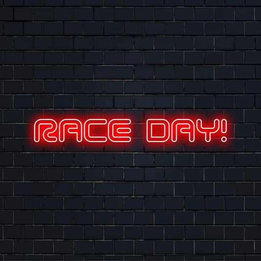 Placa de LED neon com os dizeres "Dia da Corrida!" com cores vibrantes, decoração personalizada perfeita para entusiastas e eventos de automobilismo.
