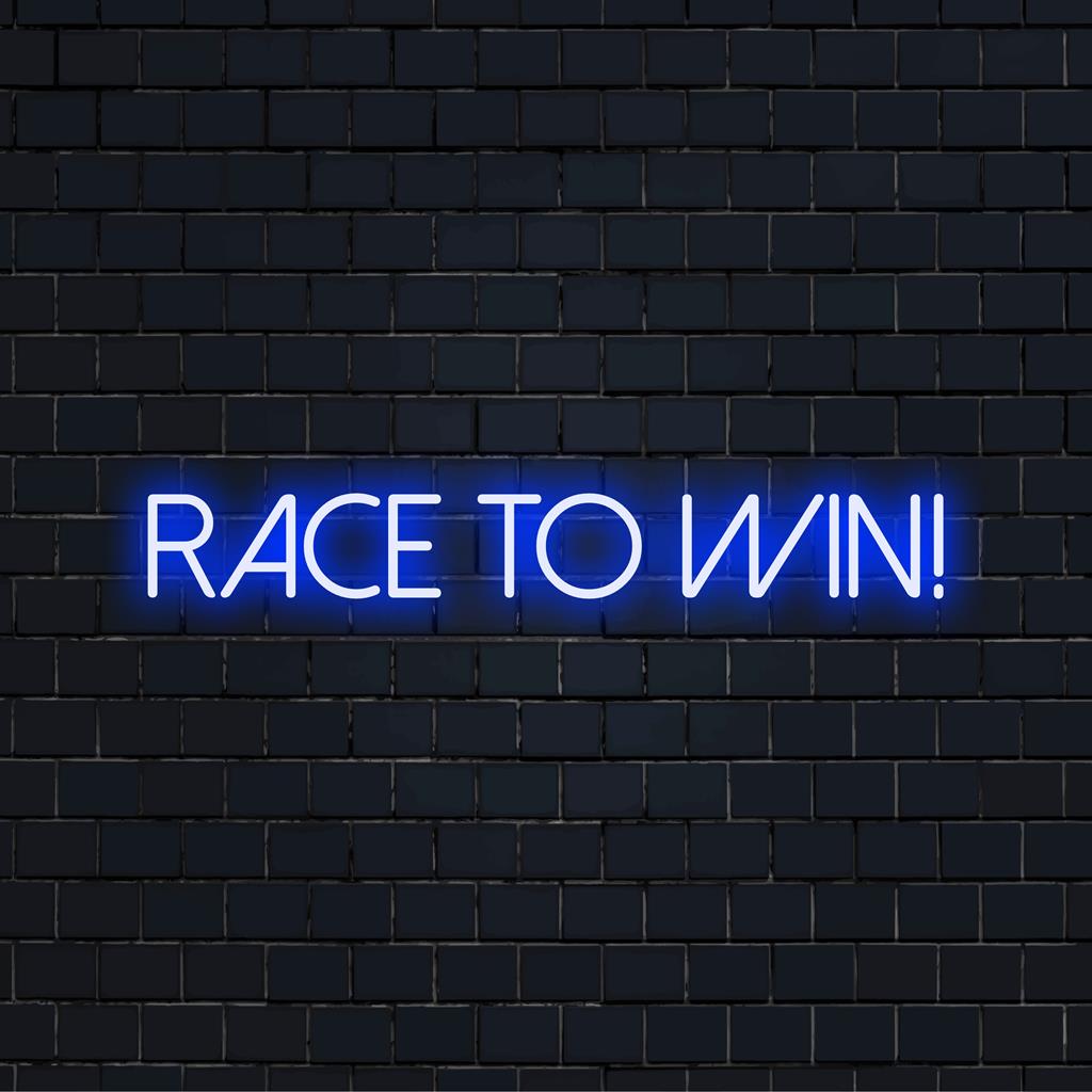 Placa de neon LED personalizada com design dinâmico Race To Win, perfeita para decoração de parede vibrante e motivacional.