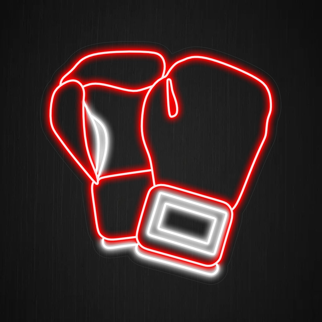 "Placa de neon com luvas de boxe vermelhas" exibe luvas vermelhas vibrantes, adicionando um toque dinâmico e energético à sua decoração com tema de fitness ou esportes.