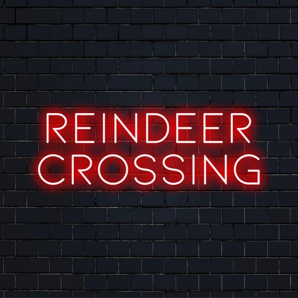 Uma vibrante placa de neon Reindeer Crossing com brilho festivo, perfeita para decoração de fim de ano com um toque de LED moderno.