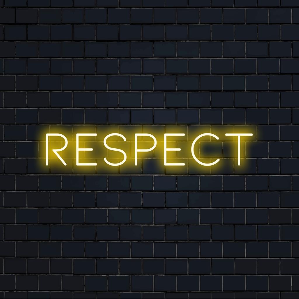 Letreiro LED neon vibrante Respect brilhando intensamente; perfeito para decoração de interiores chique e elegância de arte de parede chamativa.