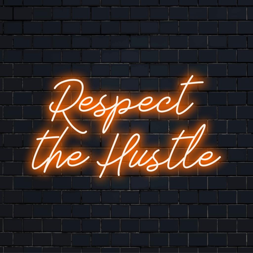 Placa de LED neon personalizada: Respect The Hustle em letras vibrantes e ousadas, perfeita para decoração de parede motivacional.