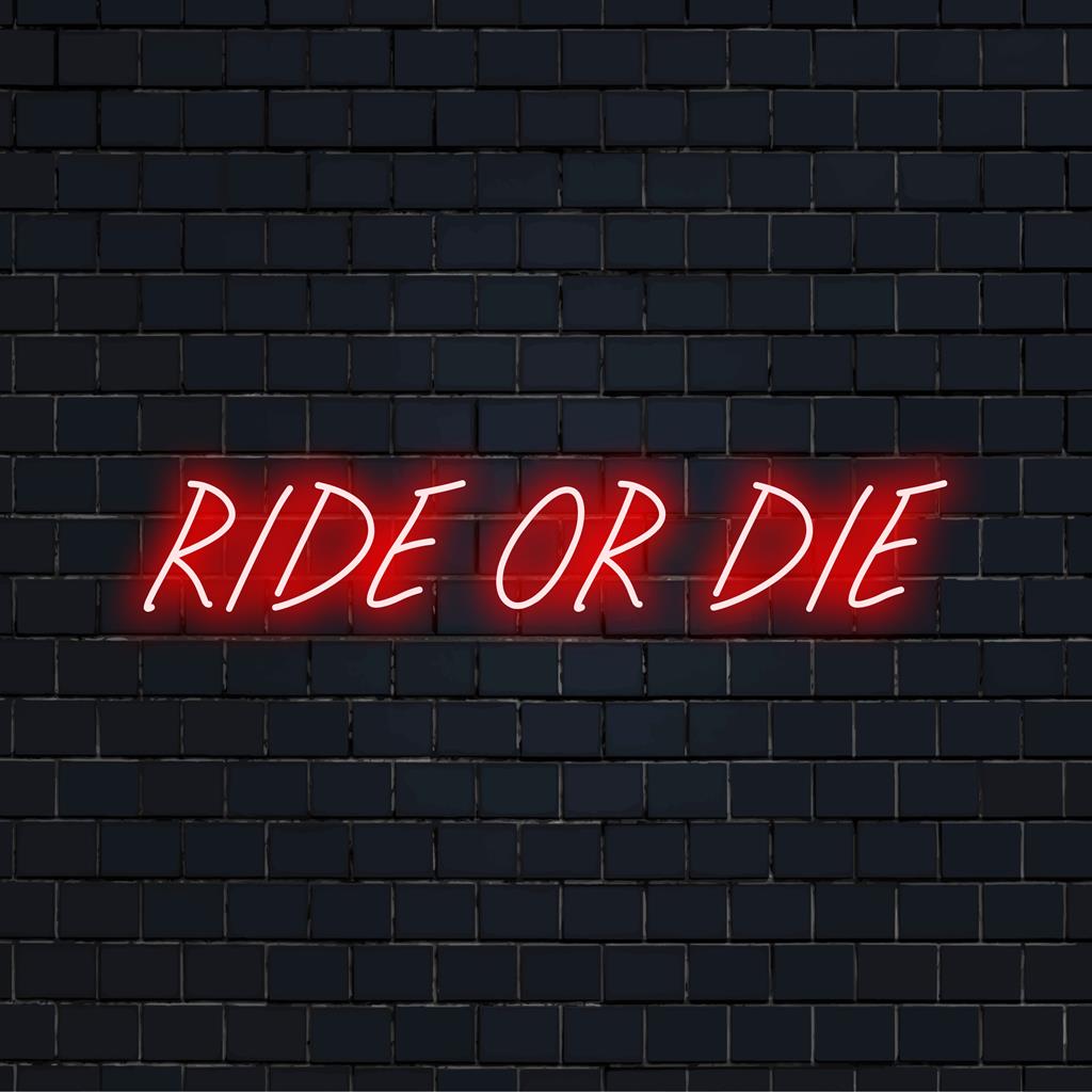 Placa de LED neon iluminada "Ride Or Die", perfeita como decoração vibrante para casa ou arte de parede exclusiva e personalizada.