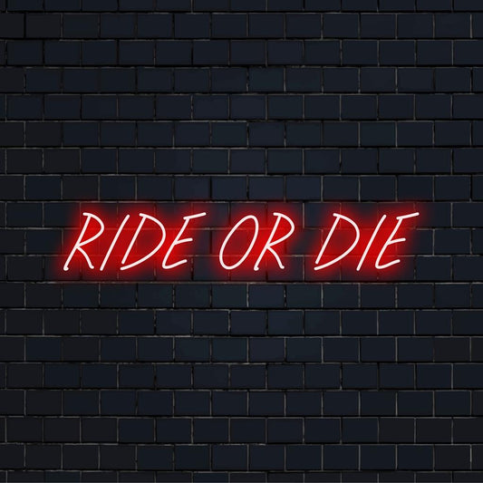 Placa de LED neon iluminada "Ride Or Die", perfeita como decoração vibrante para casa ou arte de parede exclusiva e personalizada.