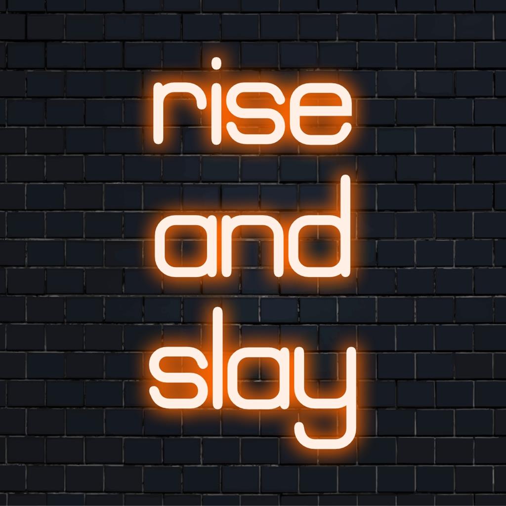 Custom LED neon sign featuring Rise And Slay in vibrant hues, perfect for inspiring and energizing your space.