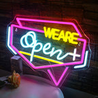 WE ARE Open + – Moldura geométrica – reclame luminoso em néon LED (5 V USB)