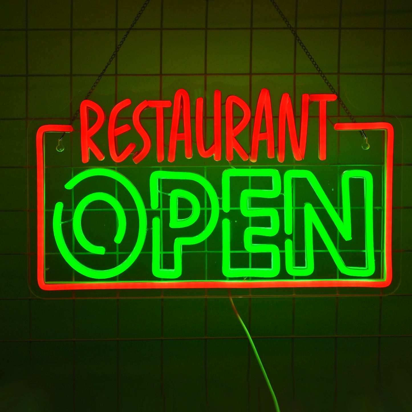 The image displays a vibrant, illuminated LED neon sign featuring the word "OPEN" in bold, uppercase letters.
