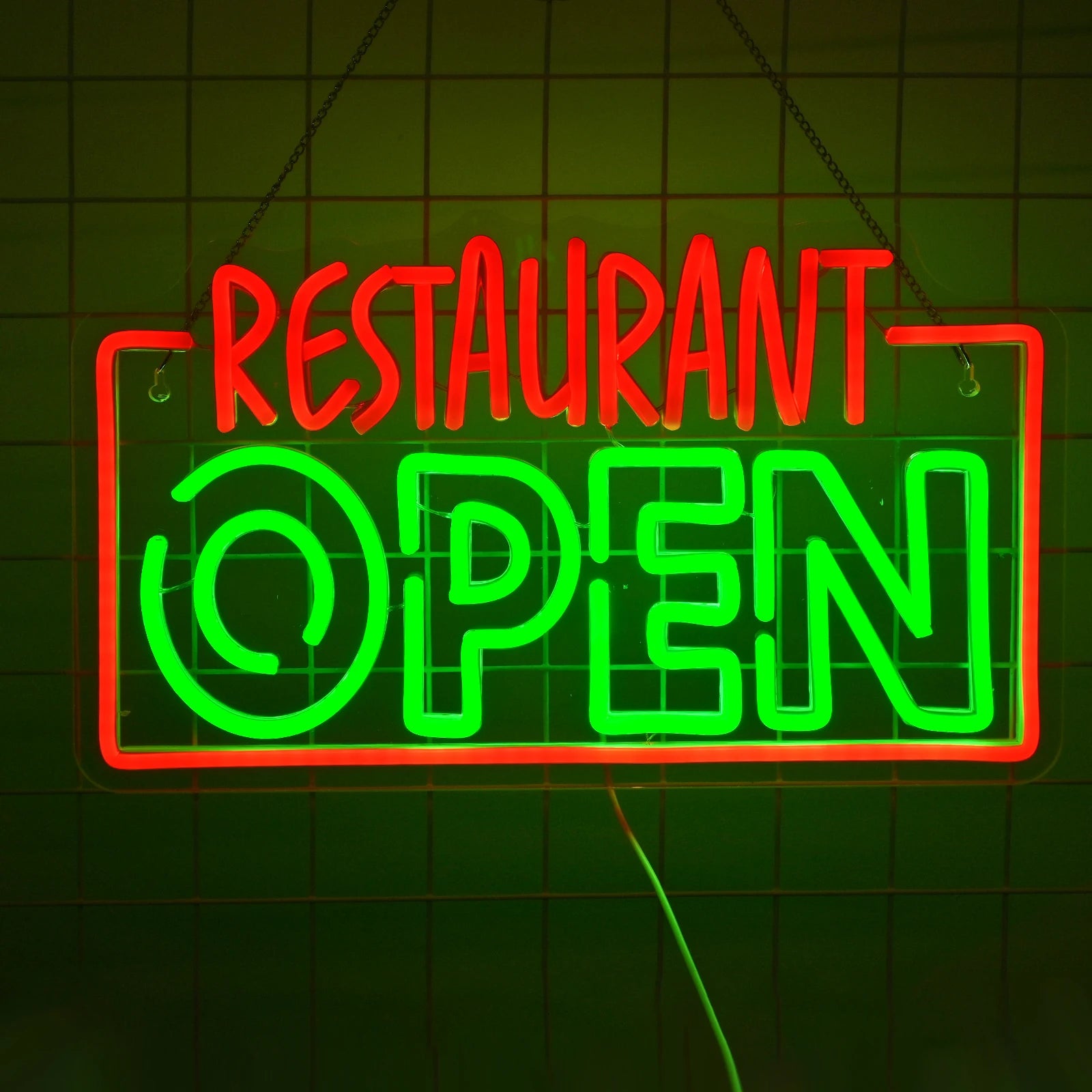 The image displays a vibrant, illuminated LED neon sign featuring the word "OPEN" in bold, uppercase letters.