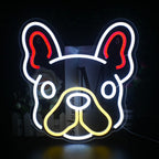 A colorful, handmade LED neon sign in the shape of a cute dog is prominently displayed.