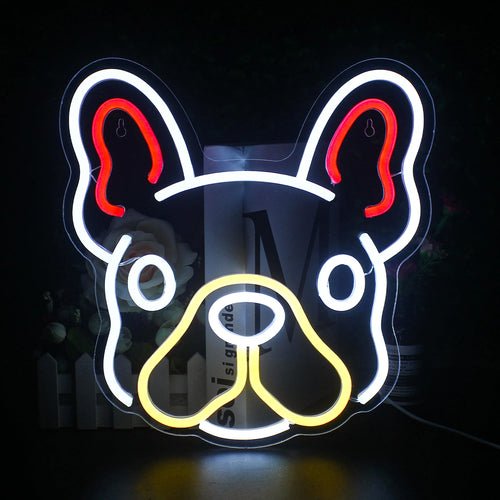 Um letreiro de LED neon colorido e feito à mão no formato de um cachorrinho fofo está em destaque.