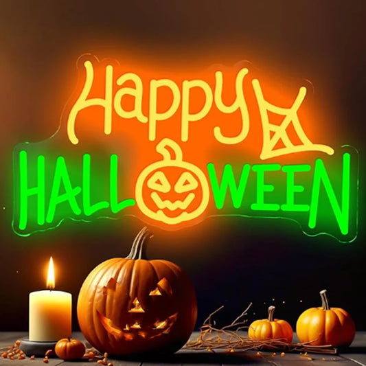 The image features a vibrant "Happy Halloween" LED neon sign.