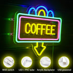 COFFEE – Moldura retangular e seta para baixo – reclame luminoso em néon LED (5 V USB)