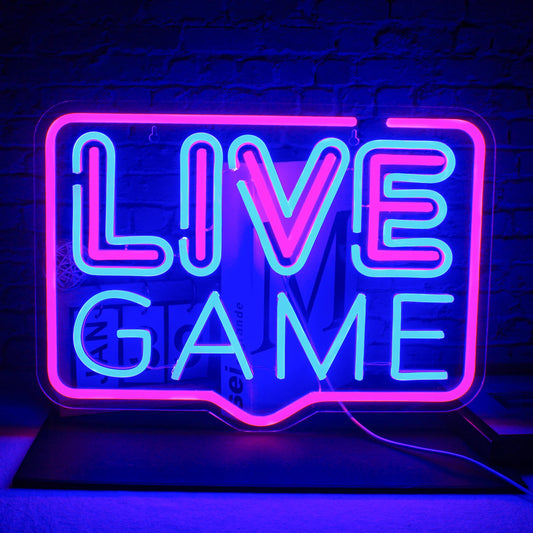 The image features a vibrant and colorful "Live Game" LED neon sign, crafted with precision to showcase its handmade quality.
