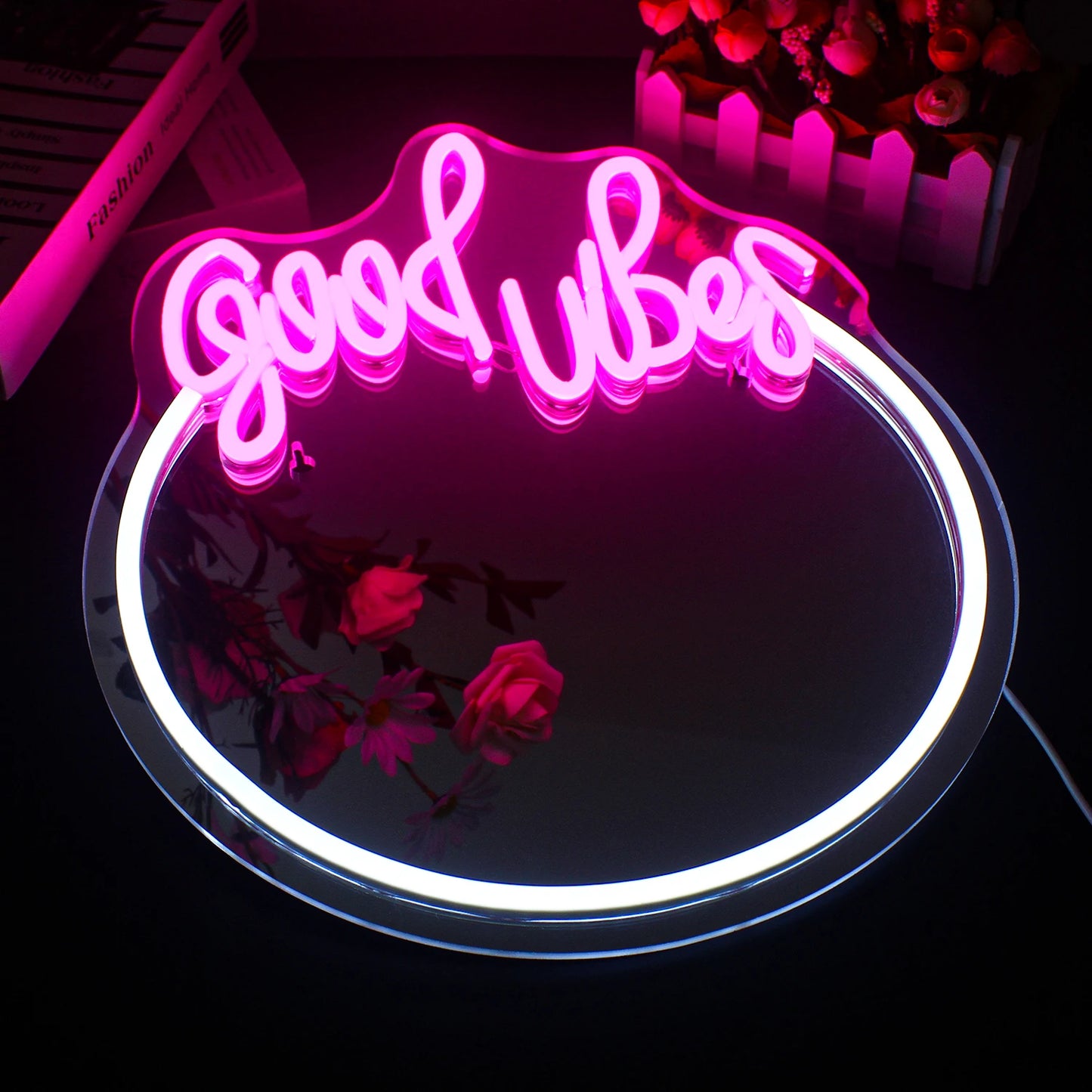 Espelho Good Vibes com Letreiro de LED USB 5V - Econômico
