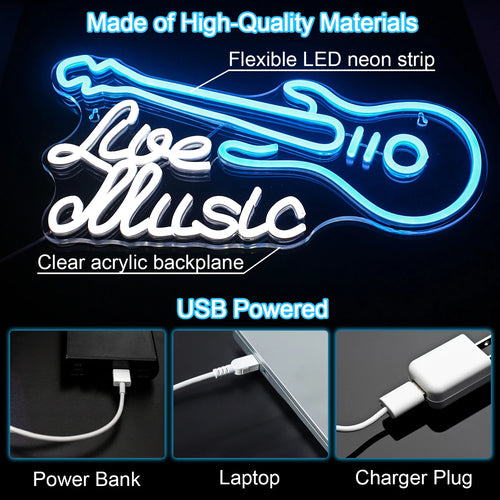 Live Music – Guitarra – letreiro de néon LED (5 V USB)