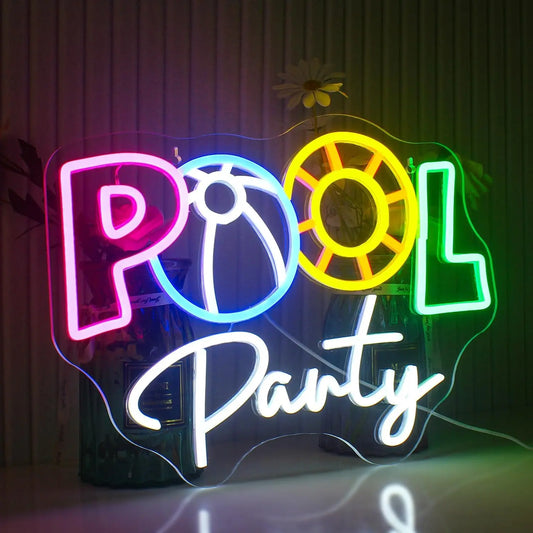 A vibrant pool party-themed LED neon sign is displayed, featuring the words "Pool Party" in bold, playful script.