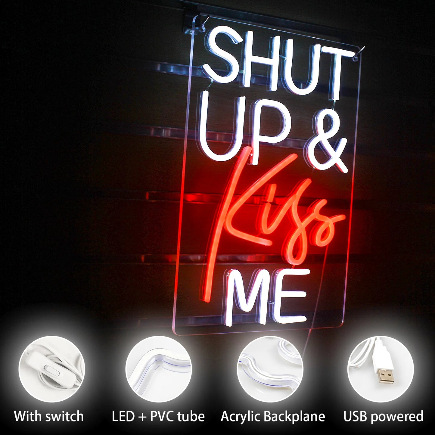 Placa de LED "Shut Up Kiss Me" 5V USB - Econômica