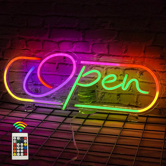 A imagem exibe uma vibrante placa de LED neon com a palavra "Aberto" em letras grandes e coloridas.
