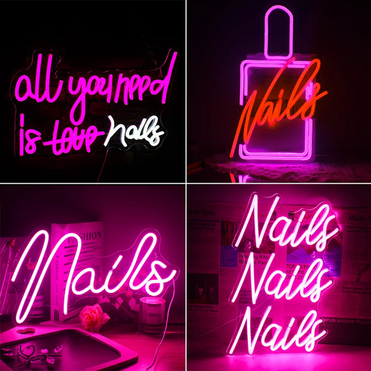 A imagem apresenta uma vibrante placa de LED neon exibindo a frase "All you need is nails" em uma fonte esteticamente agradável.