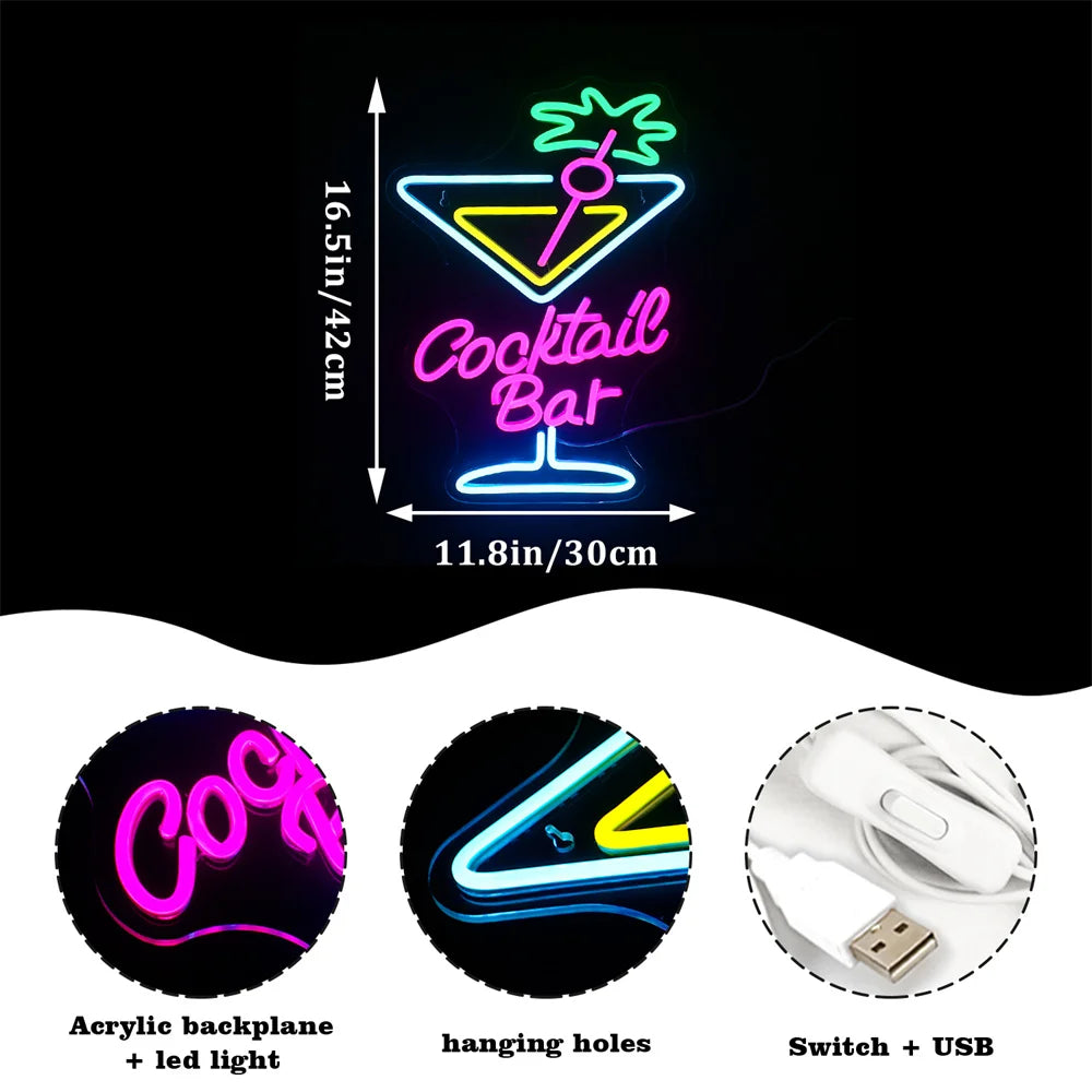 Letreiro de LED USB 5V para Bar de Coquetéis - Econômico