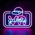 A imagem apresenta uma vibrante placa de LED neon com o texto "VR Game" em letras atuais e em negrito.