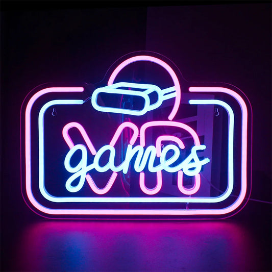 The image features a vibrant LED neon sign depicting the text "VR Game" in bold, contemporary lettering.