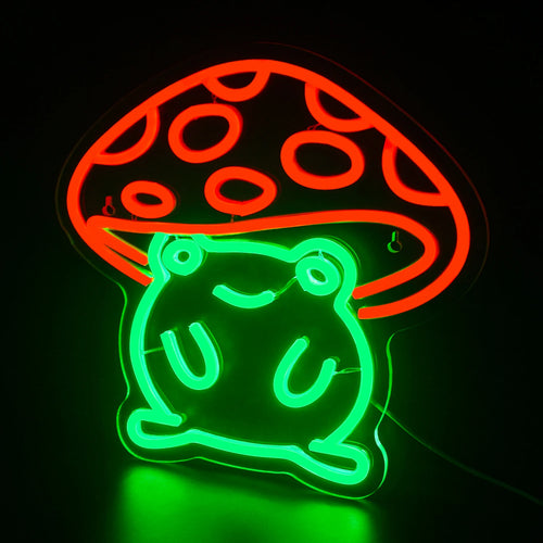 A imagem apresenta um letreiro de LED neon vibrante no formato de um sapo fofo no estilo anime.