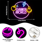 GAMER WORLD – Bomba, joystick e círculo com raios – letreiro de néon LED (5 V USB)