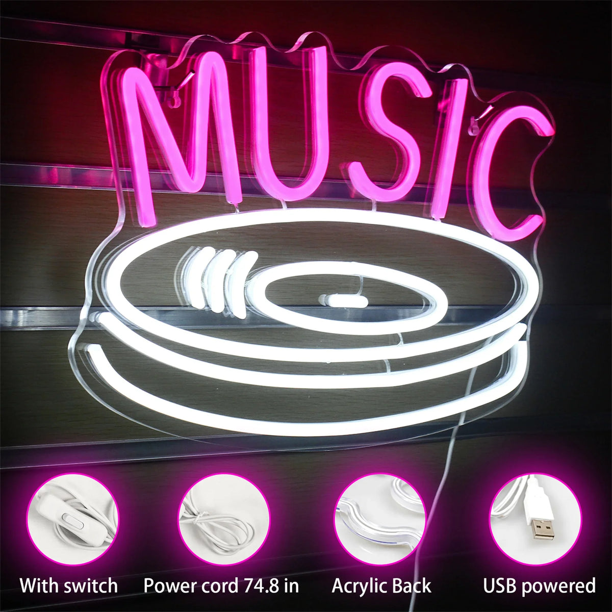 MUSIC – Disco de vinil – letreiro de néon LED (5 V USB)