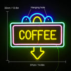 COFFEE – Moldura retangular e seta para baixo – reclame luminoso em néon LED (5 V USB)