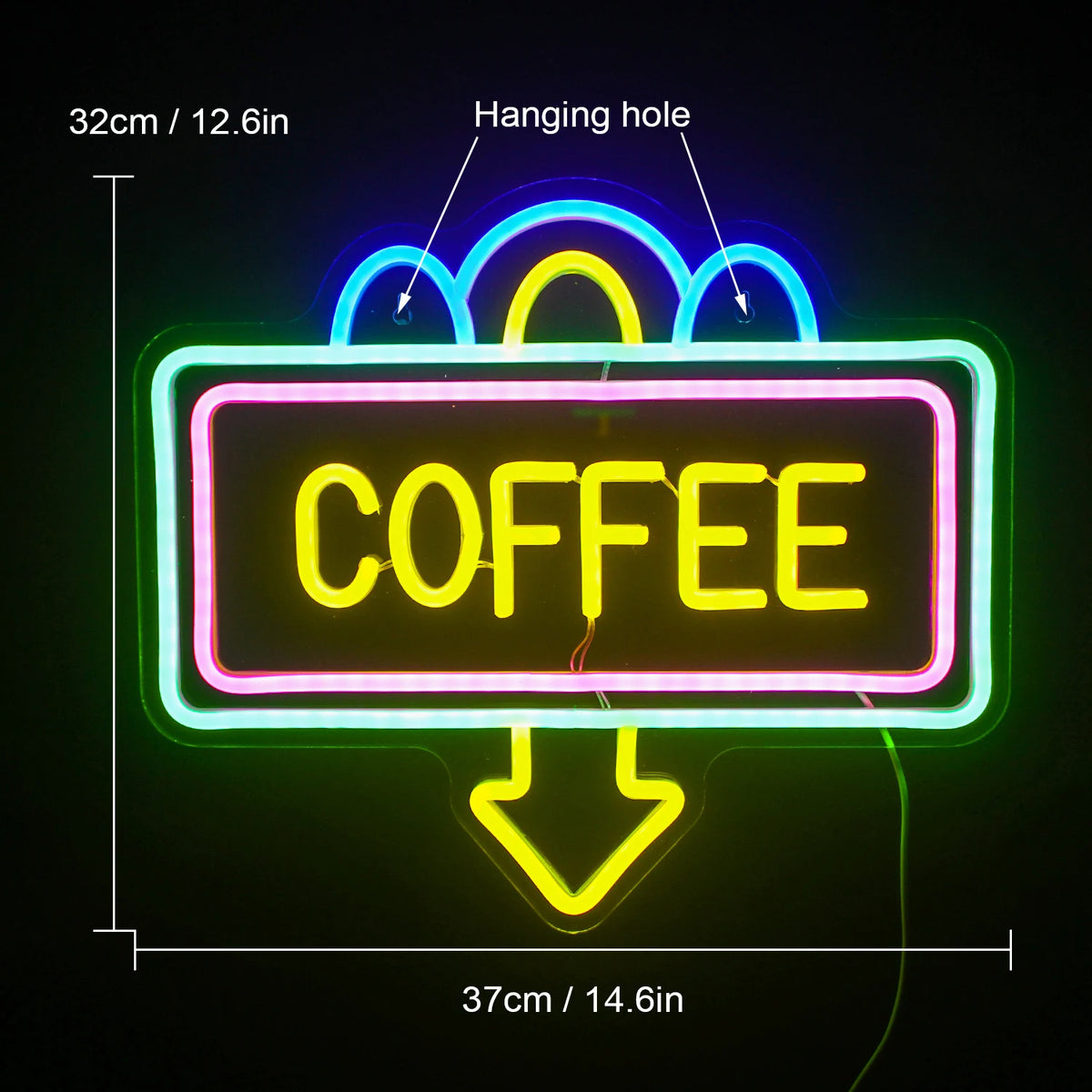 COFFEE – Moldura retangular e seta para baixo – reclame luminoso em néon LED (5 V USB)