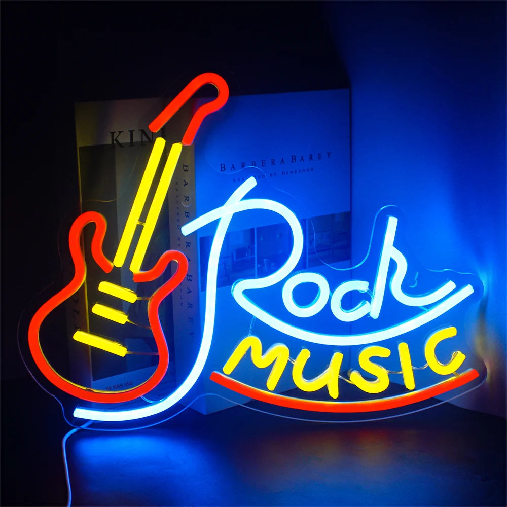 A vibrant and electrifying LED neon sign displaying the words "Rock Music" in bold, stylized lettering.