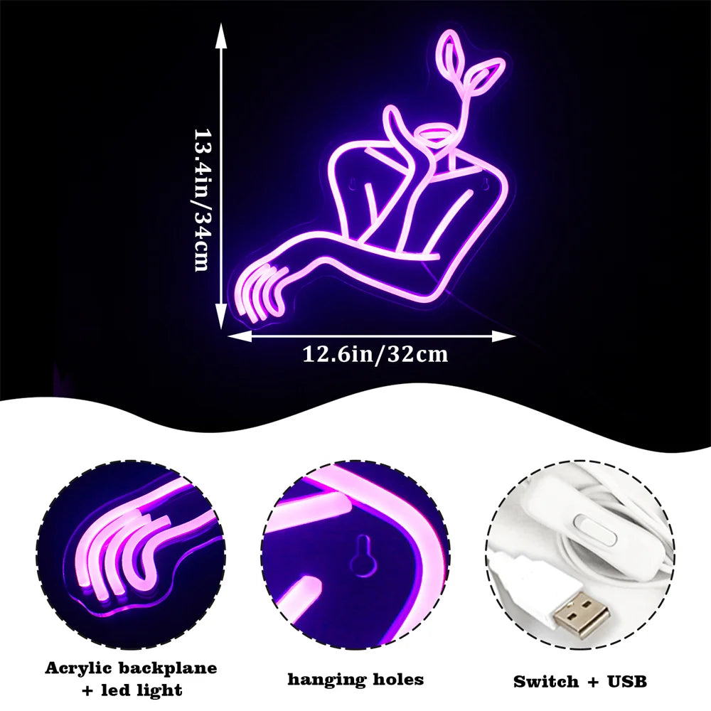 Letreiro de LED com Arte Linear de Mulher 5V USB - Econômico