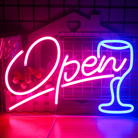 The image features an LED neon sign shaped like an open wine glass.