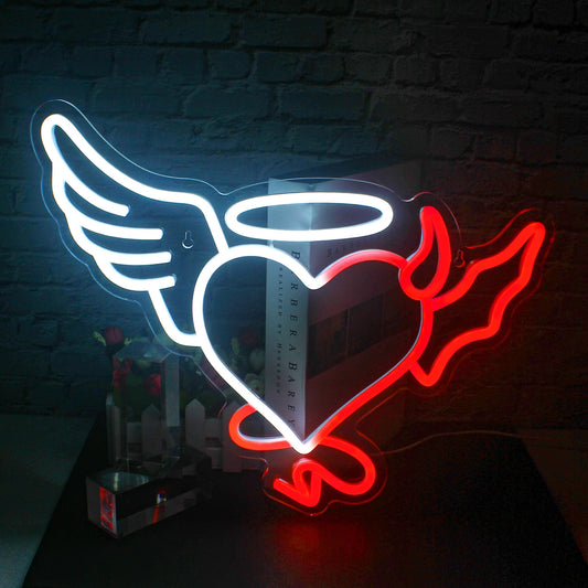 The image features a vibrant, heart-shaped LED neon sign glowing in a rich red hue.