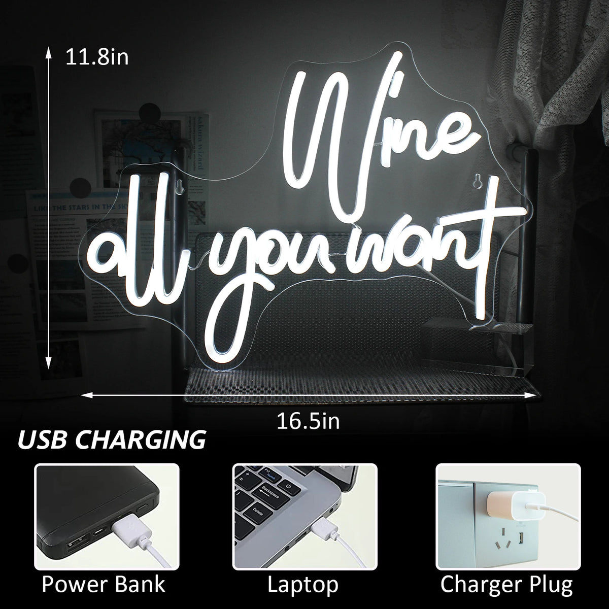 Wine all you want – reclame luminoso em néon LED (5 V USB)