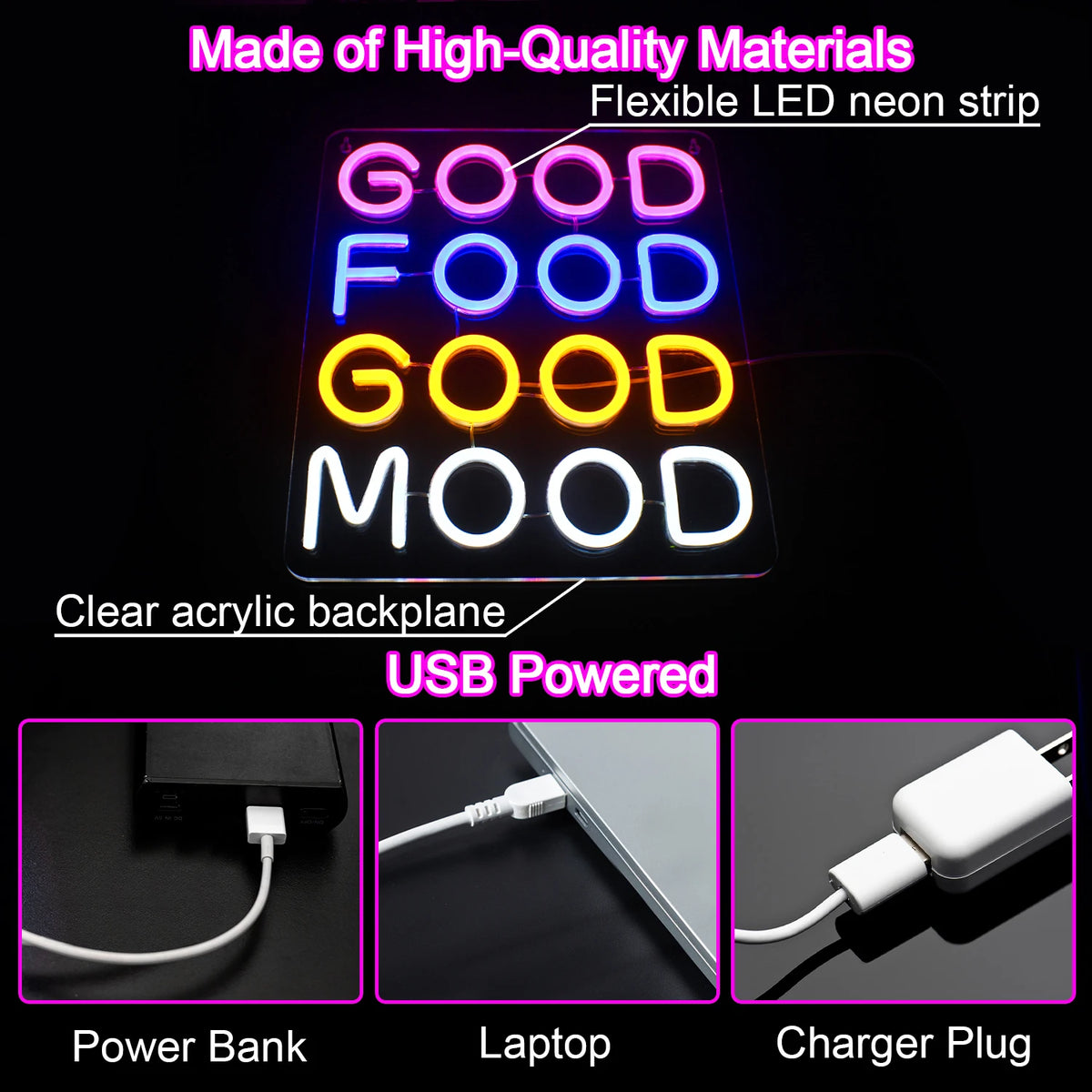 Good Food Good Mood – reclame luminoso em néon LED (5 V USB)