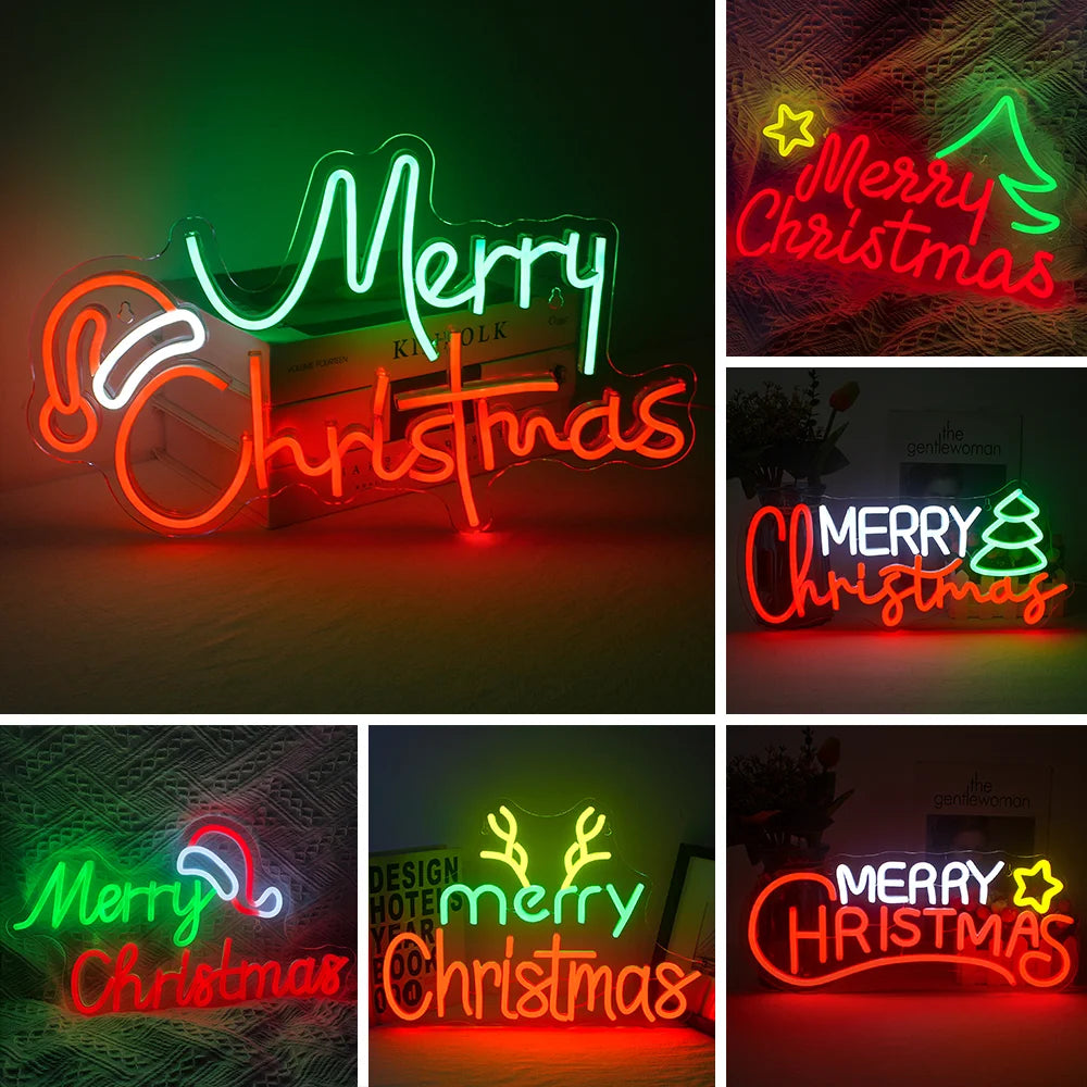 Uma vibrante placa de LED neon exibindo as palavras "Feliz Natal" em uma fonte cursiva elegante e festiva.