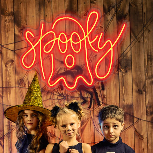 "Image of a spooky-themed LED neon sign displaying the word 'Spooky' in bright orange letters.