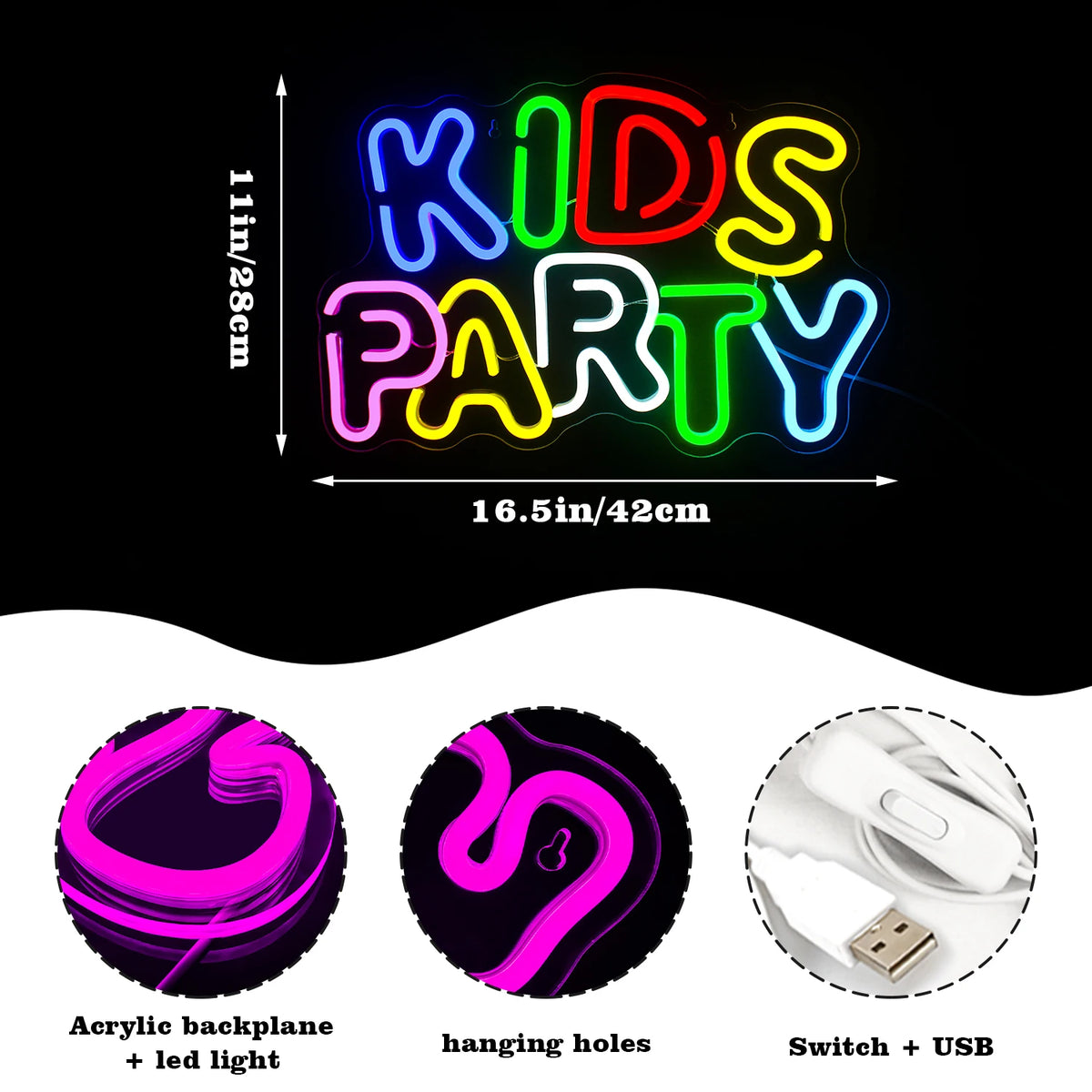 Kids Party – letreiro de néon LED (5 V USB)