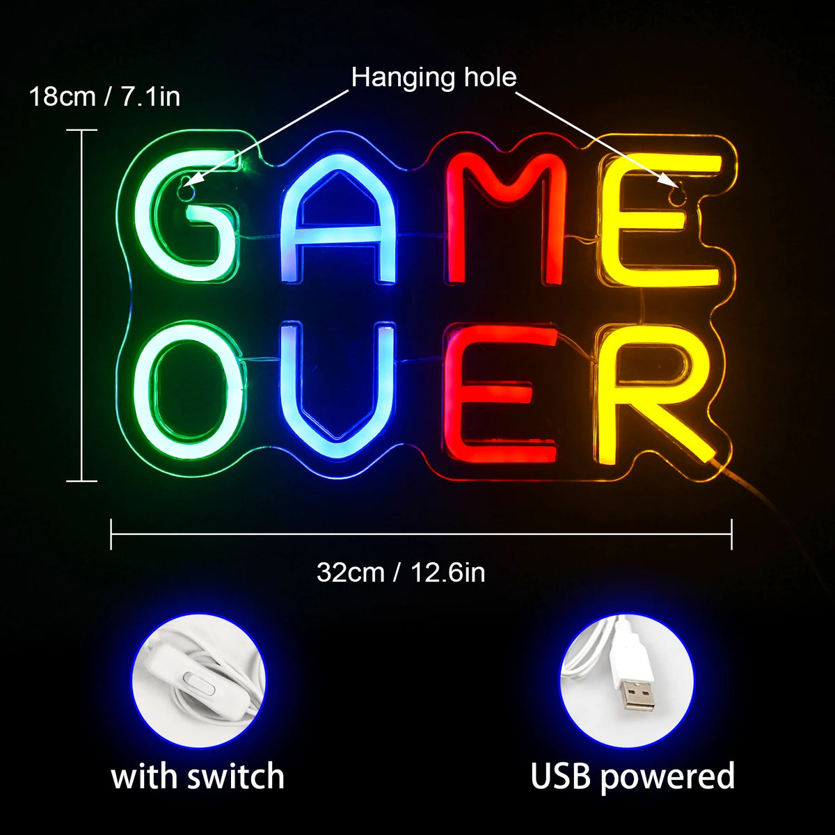 Game Over – letreiro de néon LED (5 V USB)