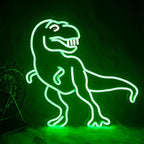 A imagem mostra uma placa de LED neon com dinossauros engraçados.