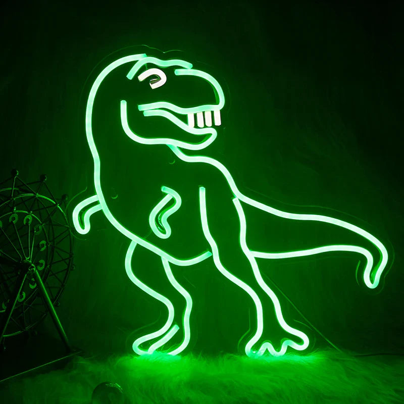 A imagem mostra uma placa de LED neon com dinossauros engraçados.